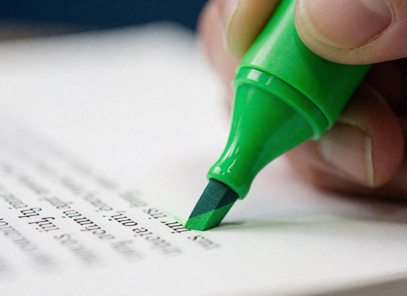Main tenant un marqueur vert à pointe feutre sur un document papier blanc avec du texte, sur fond bleu foncé, détail de papeterie.