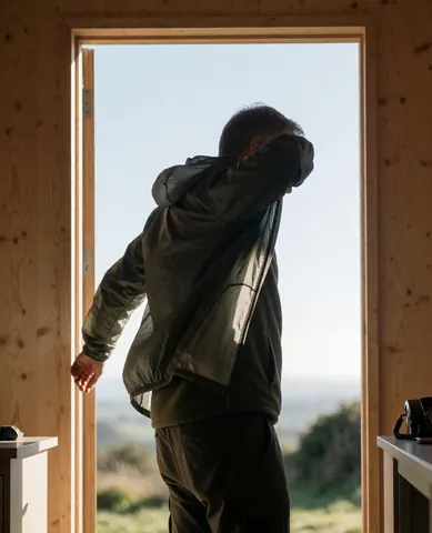 Un homme place une veste de montagne sur le rebord de la porte en bois d'un refuge, baigné d'une lumière matinale avec une vue sur les montagnes.