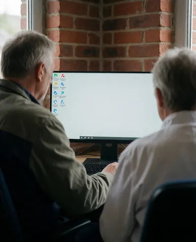 Une cliente observe son bureau affiché sur un moniteur dans un environnement professionnel de réparation d'ordinateurs avec un mur en briques.