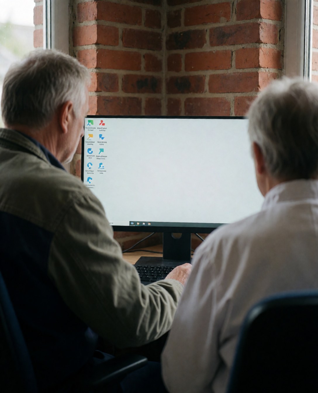 Une cliente observe son bureau affiché sur un moniteur dans un environnement professionnel de réparation d'ordinateurs avec un mur en briques.