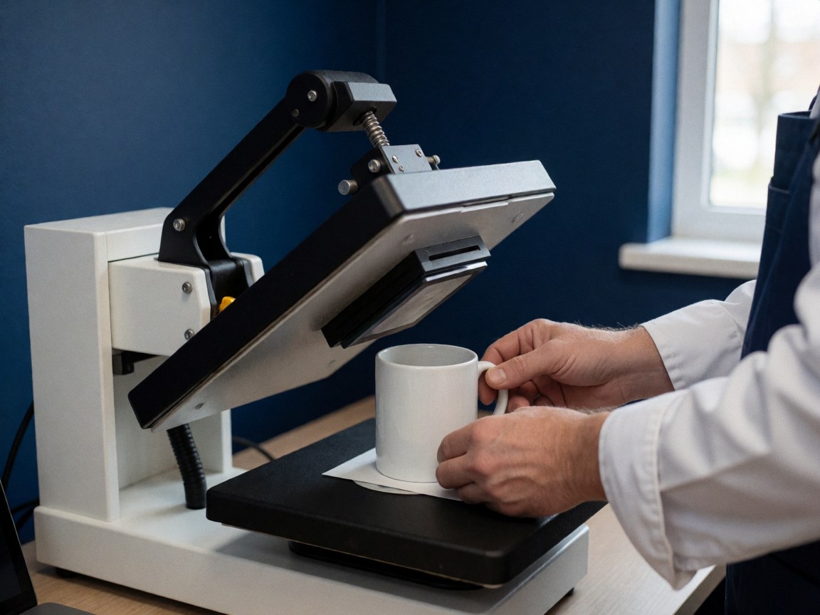 Machine de sublimation appliquant un design sur une tasse blanche, mains ajustant, fond bleu marine, équipe professionnelle visible.