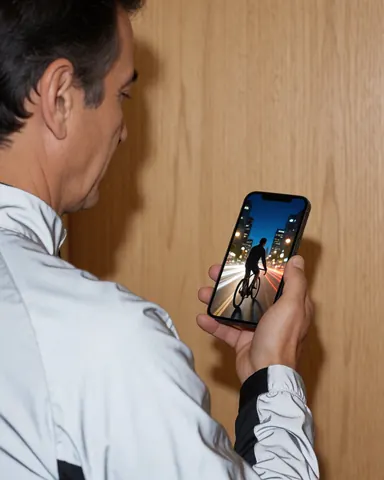 Un cycliste de profil examine une photo de son voyage nocturne sur son téléphone, avec un mur en bois et des vêtements de sport visibles, idéal pour la photographie ou le cyclisme.
