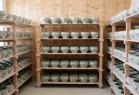 Étagères en bois contenant des pots en céramique verte emballés dans du plastique, avec des murs en bois clair et une lumière naturelle, idéal pour un atelier de poterie.