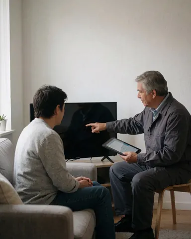 Un technicien de réparation de télévision présente un diagnostic sur une tablette à un client assis sur un canapé dans un intérieur lumineux et ordonné.