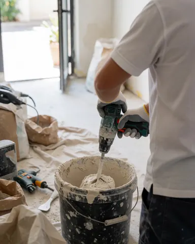 Un ouvrier portant des gants utilise un outil électrique pour mélanger du plâtre dans un seau sur un chantier de rénovation.