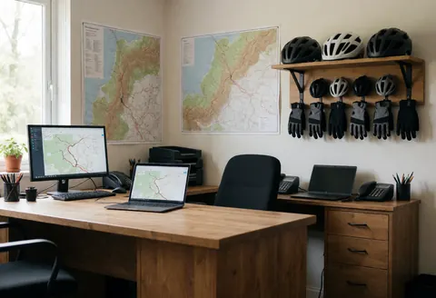 Bureau d'entraînement de cyclisme avec des cartes topographiques aux murs, des casques et des gants suspendus, et un ordinateur portable affichant un itinéraire sur un bureau en bois.