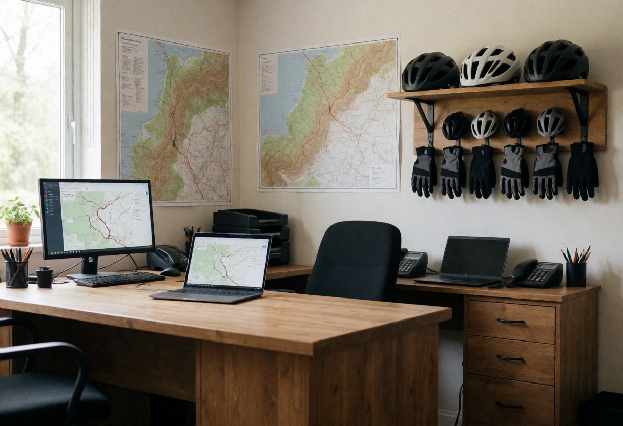 Bureau d'entraînement de cyclisme avec des cartes topographiques aux murs, des casques et des gants suspendus, et un ordinateur portable affichant un itinéraire sur un bureau en bois.