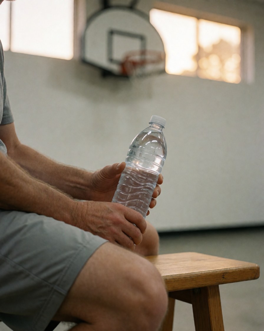 Une main tenant une bouteille d'eau sur un banc en bois avec un panier de basket en arrière-plan sur un mur blanc sous une lumière chaude.