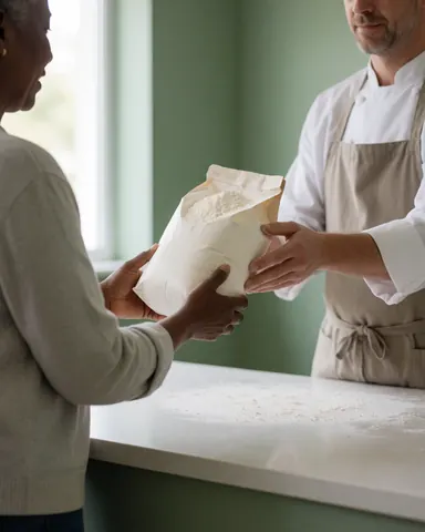Une cliente reçoit un sac de farine des mains d'un boulier derrière un comptoir propre, baigné de lumière naturelle avec des murs verts en arrière-plan.
