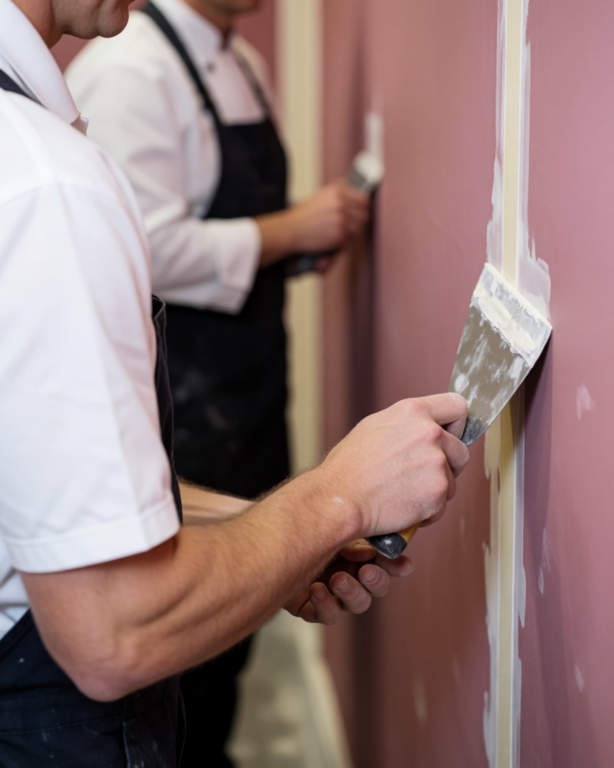 Un ouvrier applique du mastic sur un mur rose avec un couteau à maçon, outil de réparation visible en action.