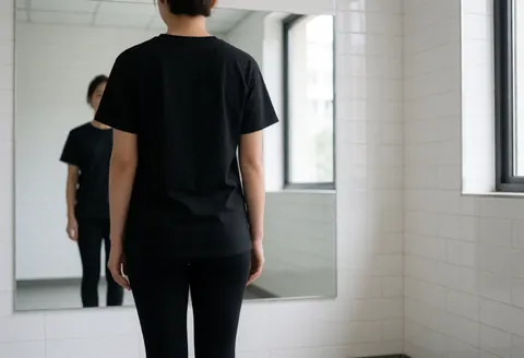 Vue arrière d'une personne devant un grand miroir dans une salle de répétition aux murs carrelés blancs, éclairée par la lumière naturelle d'une fenêtre.