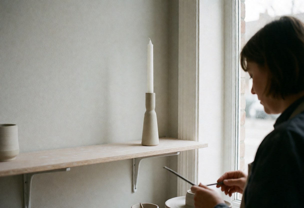Support à bougies en céramique artisanale baigné de lumière naturelle dans un atelier minimaliste et accueillant avec une personne travaillant en arrière-plan.