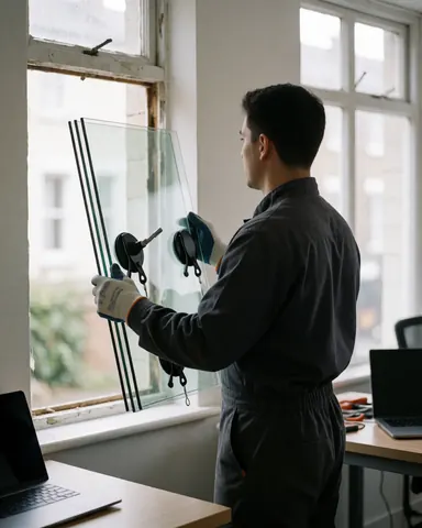 Un professionnel du verre avec gants et ventouses installe un nouveau double vitrage dans une fenêtre de bureau, outils visibles et travail en cours.