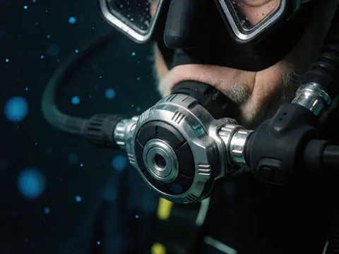 Détail d'un régulateur de plongée dans l'eau sombre, avec des particules bioluminescentes flottant près, montrant un équipement professionnel de plongée.