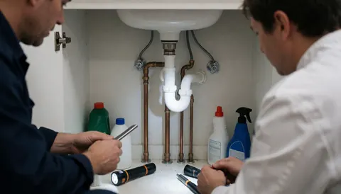 Deux techniciens inspectent des tuyaux en cuivre et un siphon blanc sous un évier, avec des bouteilles de nettoyage et une lampe torche au sol.