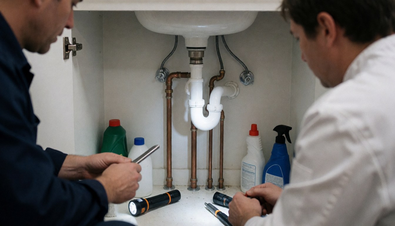 Deux techniciens inspectent des tuyaux en cuivre et un siphon blanc sous un évier, avec des bouteilles de nettoyage et une lampe torche au sol.