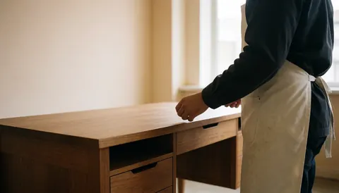 Un menuisier en tablier examine une table en bois fini dans un atelier baigné de lumière naturelle, idéal pour la menuiserie de meubles.