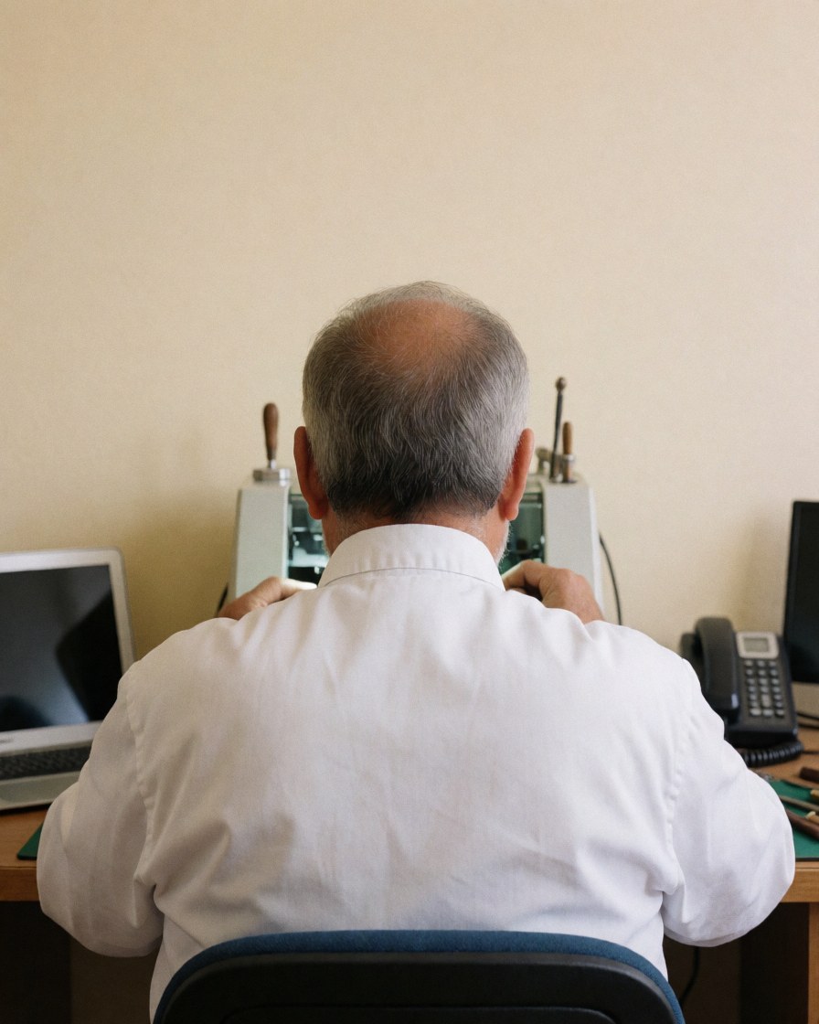 Un horloger âgé se concentre sur sa machine de réparation dans un atelier avec des murs beige et des outils visibles.