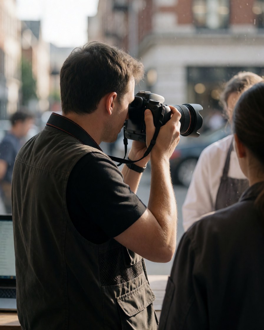 Photographe documentaire avec un boîtier reflex et un objectif 35mm capturant une scène urbaine depuis l'arrière, avec un arrière-plan flou montrant des personnes et des bâtiments.