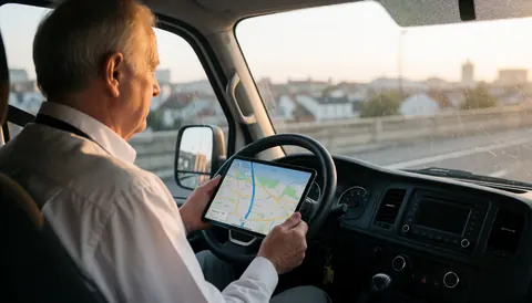 Conducteur âgé dans une camionnette tenant une tablette GPS avec la ville en arrière-plan, illustrant le transport public en action.