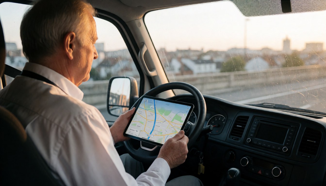Conducteur âgé dans une camionnette tenant une tablette GPS avec la ville en arrière-plan, illustrant le transport public en action.