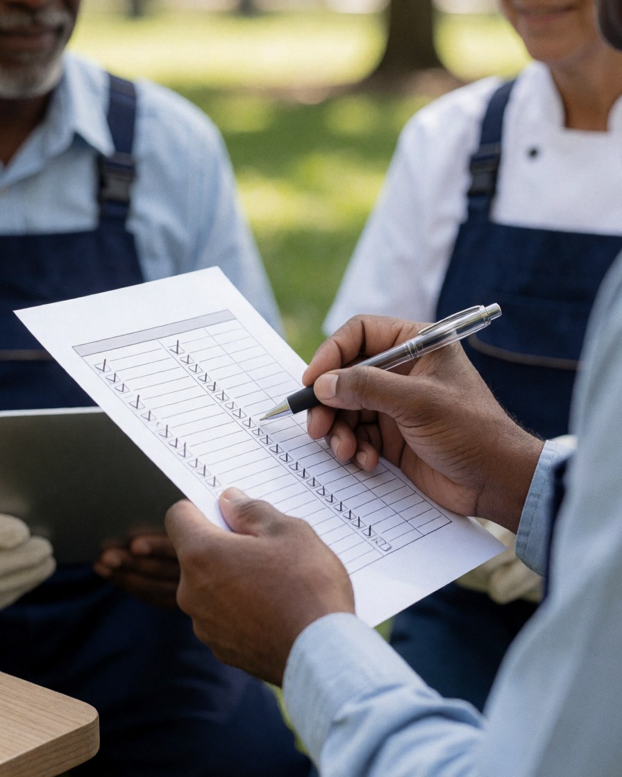 Une main tenant un carnet de suivi avec des cases cochées dans un parc, un professionnel de fitness en arrière-plan.