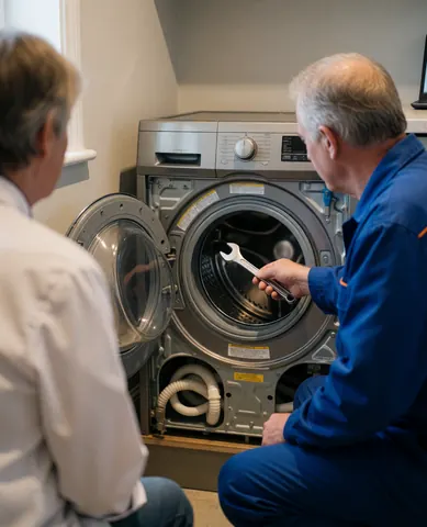 Technicien en uniforme bleu effectuant une réparation sur une laveuse ouverte devant un client dans un intérieur aux murs gris et à l'éclairage chaud