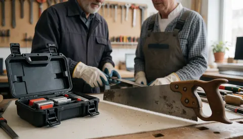 Kit d'affûtage portable ouvert sur une table de travail avec une scie à main utilisée, des outils suspendus au mur et deux travailleurs portant des gants.