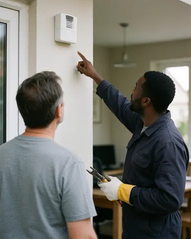 Un technicien en réparation d'alarmes pointe vers une sirène installée sur un mur pendant qu'un client observe attentivement.