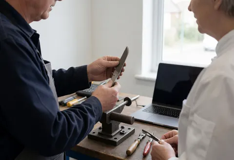 Un technicien professionnel présente un couteau à un client dans un atelier bien éclairé, entouré d'outils et d'une table de travail en bois.