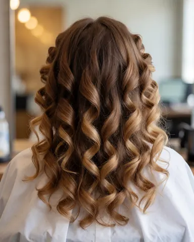 Une cliente souriante avec des cheveux bouclés et une cape blanche dans un salon de beauté, devant un miroir avec des lumières en arrière-plan.