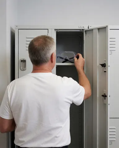 Un homme adulte place des lunettes de protection dans un casier ouvert, dans un couloir de vestiaires aux murs gris, scène de préparation au travail.