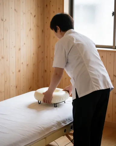 Un praticien ajuste l'oreiller de tête sur un futon blanc dans une pièce aux murs en bois clair et à la lumière naturelle.