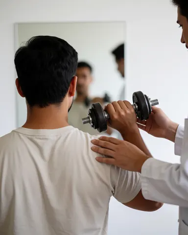 Un thérapeute accompagne un client lors d'un exercice avec haltère devant un miroir dans une salle claire.