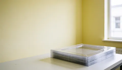 Empilement de couvertures plastiques transparentes à fenêtre sur une table blanche, murs jaunes clairs et lumière naturelle, idéal pour services de photocopie et reliure.