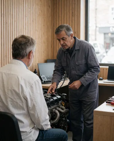 Mécanicien professionnel utilisant un stéthoscope pour expliquer un diagnostic moteur à un client assis dans un atelier moderne avec murs en bois et lumière naturelle.
