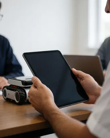 Mains d'adulte manipulant une tablette connectée à un robot dans un cours de robotique, sur une table en bois avec un mur blanc et une lumière naturelle.