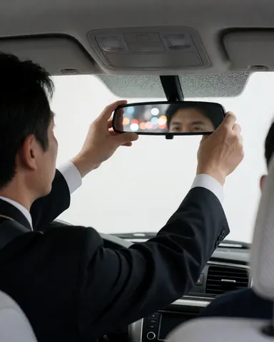 Un chauffeur ajuste le rétroviseur dans son taxi, avec des lumières urbaines reflétées, un intérieur propre et des ceintures de sécurité visibles.