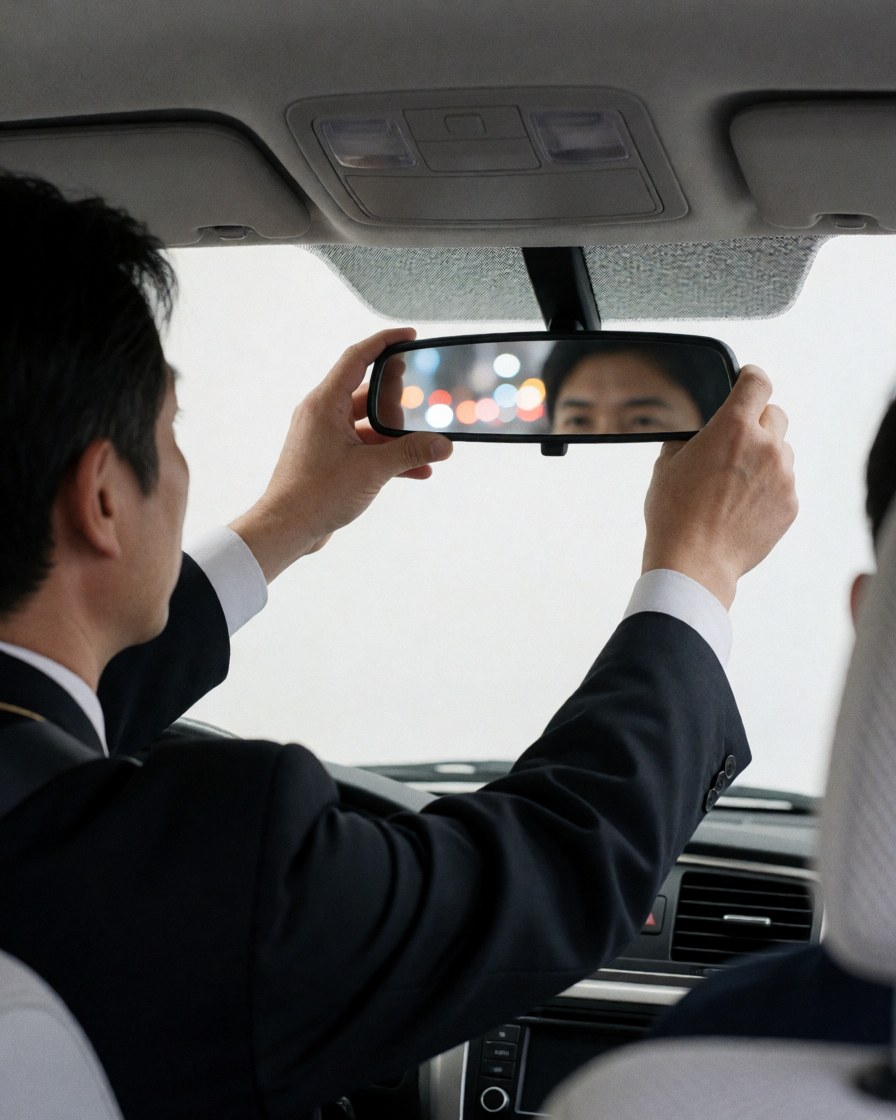 Un chauffeur ajuste le rétroviseur dans son taxi, avec des lumières urbaines reflétées, un intérieur propre et des ceintures de sécurité visibles.