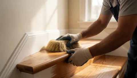 Une main portant un gant de travail polissant un plancher en bois sous une lumière naturelle, avec un mur peint en arrière-plan.