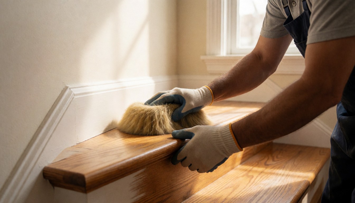 Une main portant un gant de travail polissant un plancher en bois sous une lumière naturelle, avec un mur peint en arrière-plan.