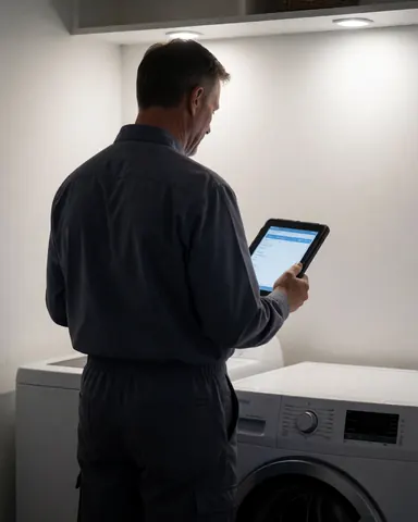 Un technicien en uniforme vérifie le panneau de contrôle d'une machine à laver à l'aide d'une tablette dans un environnement propre et bien éclairé.