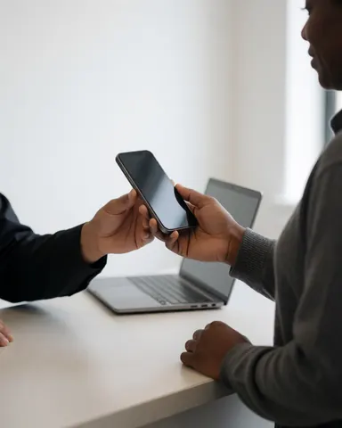 Une cliente souriante récupère son smartphone réparé dans un atelier, avec un ordinateur portable visible en arrière-plan sur un fond blanc.