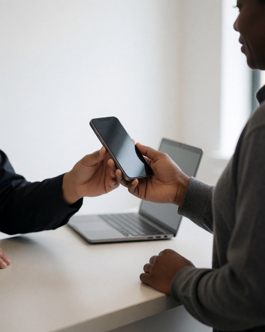 Une cliente souriante récupère son smartphone réparé dans un atelier, avec un ordinateur portable visible en arrière-plan sur un fond blanc.