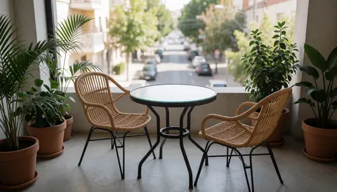 Terrasse d'appart-hotel équipée d'une table en verre et de chaises en rotin, entourée de plantes vertes avec vue sur la rue.