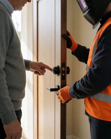 Un client pointe une serrure de porte pendant que l'installateur l'ajuste avec des gants orange à l'entrée d'une maison.