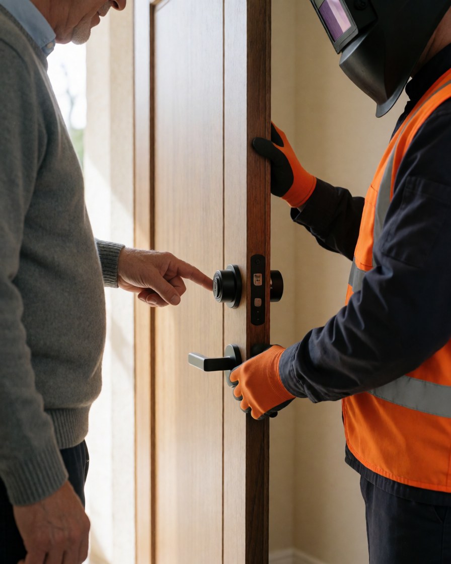 Un client pointe une serrure de porte pendant que l'installateur l'ajuste avec des gants orange à l'entrée d'une maison.
