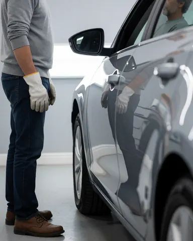 Un client portant des gants examine une voiture fraîchement détaillée avec un fini brillant dans un atelier de lavage automobile.