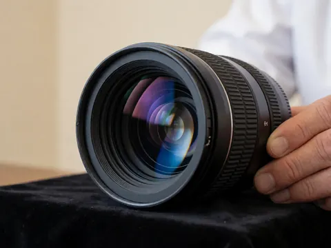 Objectif de caméra professionnel avec ouverture f/1.4 posé sur un tissu noir, présentant des reflets bleus sur le verre, idéal pour les photographes de mariage.
