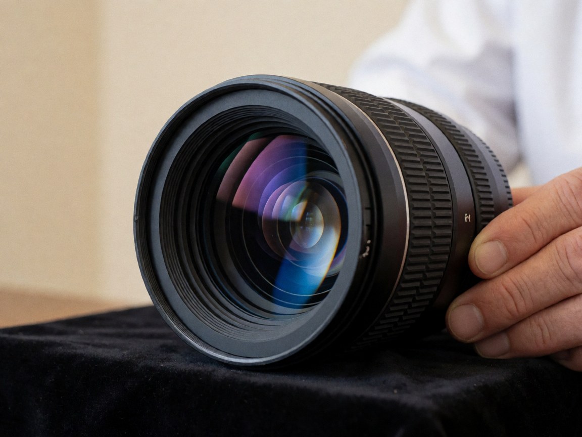 Objectif de caméra professionnel avec ouverture f/1.4 posé sur un tissu noir, présentant des reflets bleus sur le verre, idéal pour les photographes de mariage.
